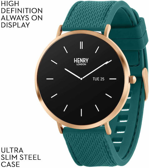 Henry London Smart Stainless Steel 43mm Smartwatch με Παλμογράφο (Rose & Teal Silicone)