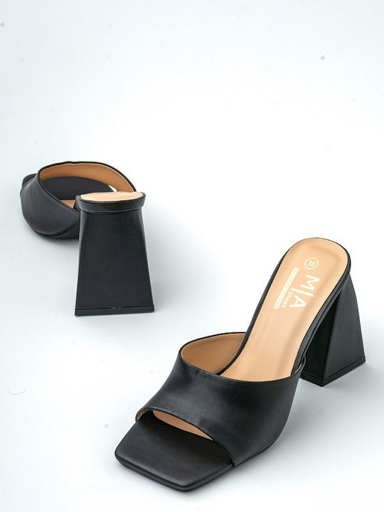 Mules με Χοντρό Ψηλό Τακούνι σε Μαύρο Χρώμα