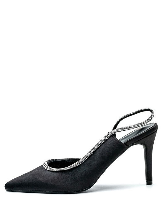 Synthetic Leather Stiletto Black High Heels with Strap