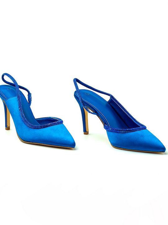 Synthetic Leather Stiletto Blue High Heels with Strap