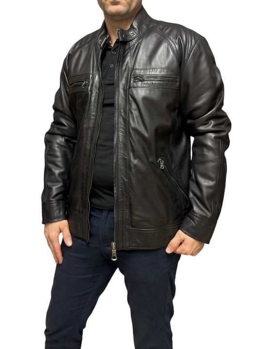 MARKOS LEATHER Ανδρικό Δερμάτινο Μπουφάν Biker ΜΑΥΡΟ