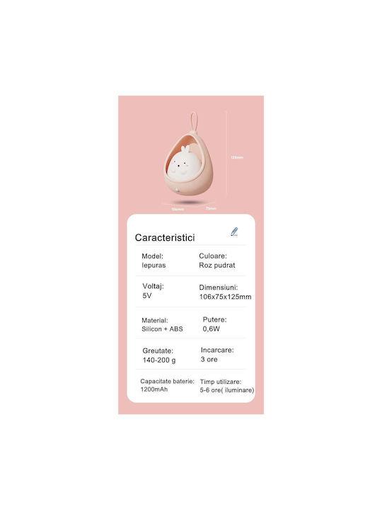Portable Night Light 2 Operating Modes Flippy Non-toxic Silicone Usb Rechargeable Motion Sensor Pink Bunny