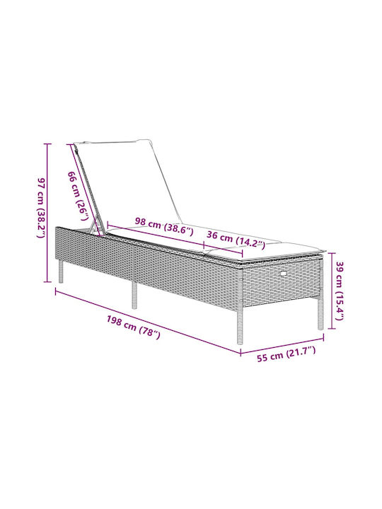 Liegestuhl Rattan mit Kissen Schwarz 2Stück 198x55x39cm.