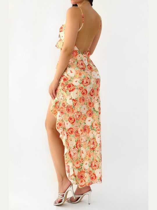 Annie White Orange Floral Maxi Dress with Ruffles