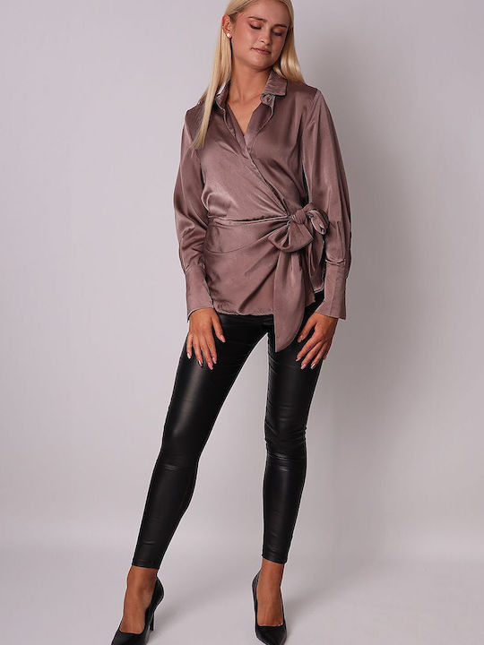 Ax Paris Women's Blouse Satin Long Sleeve Purple