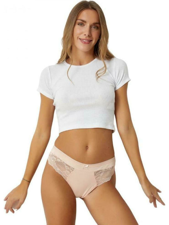 Simona Βαμβακερό Ψηλόμεσο Γυναικείο String με Δαντέλα Ροζ