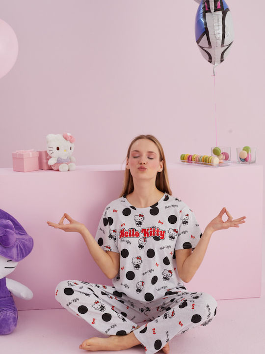 Hello Kitty Καλοκαιρινό Γυναικείο Σετ Πιτζάμας Ανοιχτό Γκρι