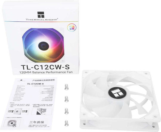 Thermalright TL-C12CW-S Вентилатор за кутия 120mm (1550rpm / 66.17cfm) с ARGB осветление и 4-изводна PWM връзка Бял