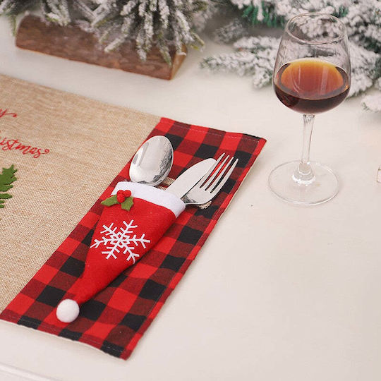 Husă decorativă festivă pentru tacâmuri cu design de pălărie cu fulg de zăpadă, material textil din poliester, 18 x 7 cm, roșu