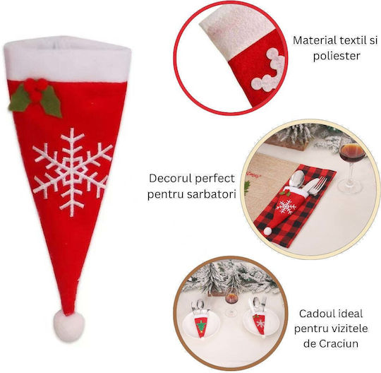 Husă decorativă festivă pentru tacâmuri cu design de pălărie cu fulg de zăpadă, material textil din poliester, 18 x 7 cm, roșu