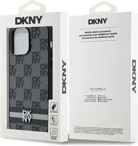 Dkny Pu Кожен калъф с каре и ивици за iPhone 14 Pro Max, черен