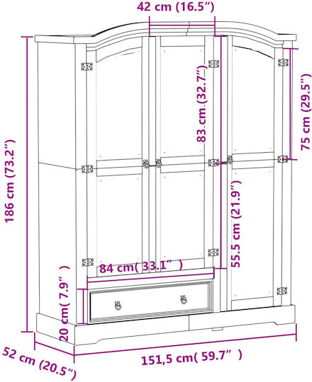 Triple Door Wardrobe Corona Solid pine wood 151.5x52x186cm
