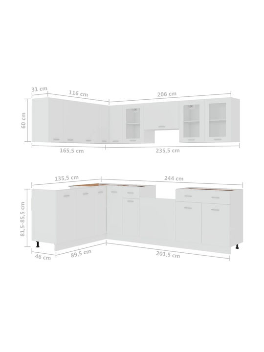 Комплект Кухненски Шкафове Висящи и Подови с плот за работа White 240x57x141.5бр