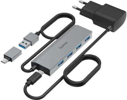 HAMA USB 3.2 4-Port Hub with USB-A / USB-C Connection Gray