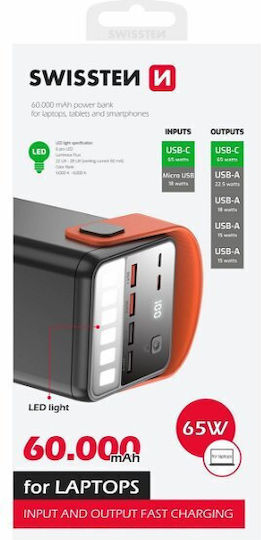 Swissten Power Bank 60000mAh 65W με 2 Θύρες USB-A και 2 Θύρες USB-C Quick Charge 3.0 Μαύρο