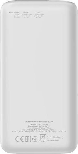 Canyon PB-301 Ηλιακό Power Bank 30000mAh 20W Power Delivery / Quick Charge 3.0 Λευκό