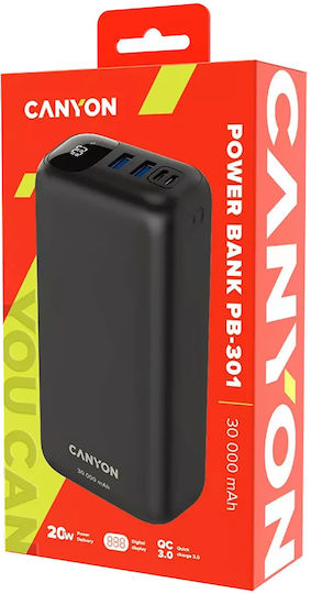 Canyon PB-301 Baterie Externă Solară 30000mAh 20W Power Delivery Încărcare Rapidă Neagră