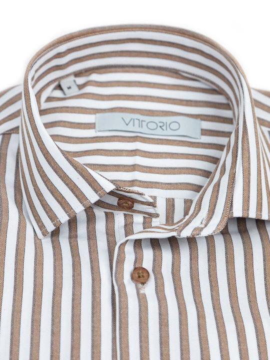 Vittorio Artist Men's Shirt Long Sleeve Cotton Striped white/brown