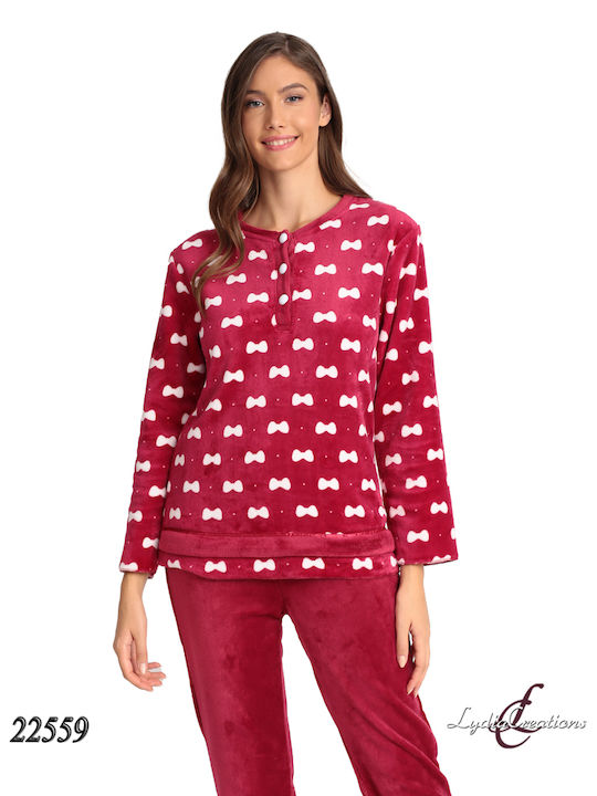 Lydia Creations Winter Damen Pyjama-Set Vlies Burgundisch