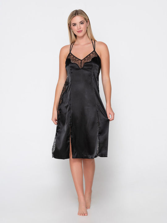 Luna Sommer Satin Damen Nachthemd Black