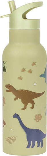 A Little Lovely Company Kids Water Bottle Thermos Dinosaur Stainless Steel with Straw Non Spill Beige 500ml