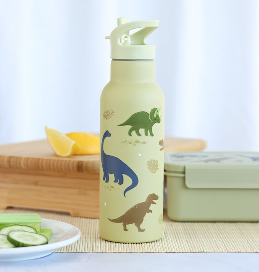 A Little Lovely Company Kids Water Bottle Thermos Dinosaur Stainless Steel with Straw Non Spill Beige 500ml