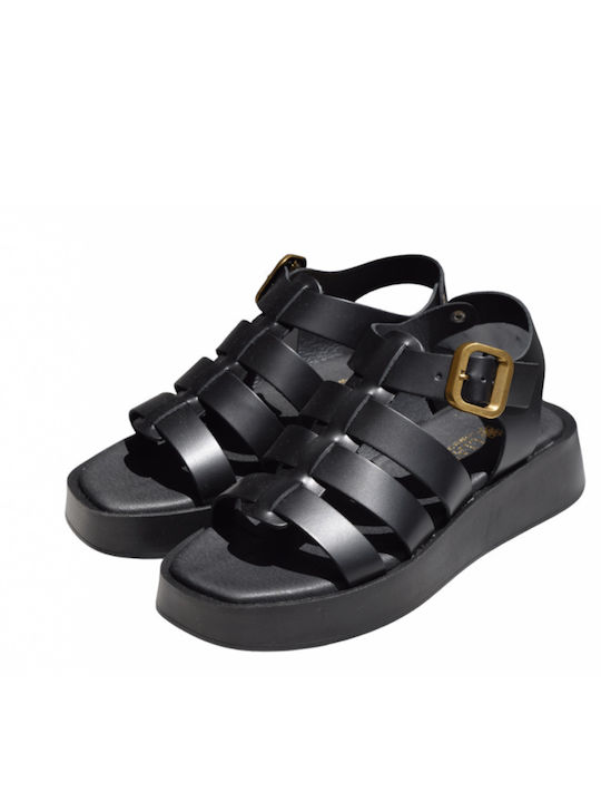 Leather Women's Flat Sandals in Black Color