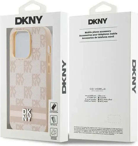 Dkny Pu Leather Checkered Pattern Stripe Case Iphone 14 Pro Pink