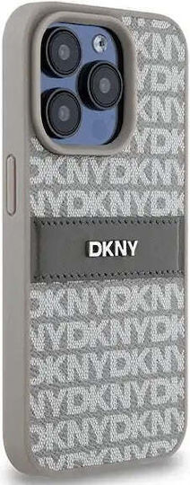Carcasă din piele PU DKNY cu model repetitiv și dungi tonale pentru iPhone 15 Pro, bej