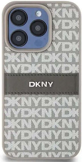 Carcasă din piele PU DKNY cu model repetitiv și dungi tonale pentru iPhone 15 Pro, bej