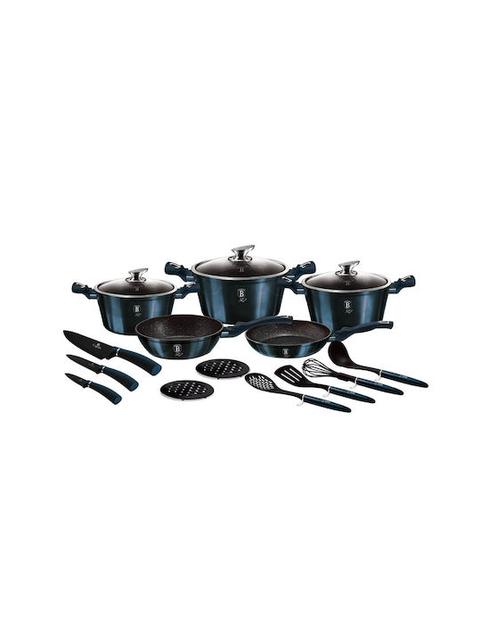 Berlinger Haus Metallic Line Cookware Set of Aluminum with Stone Coating Aquamarine Collection 17pcs