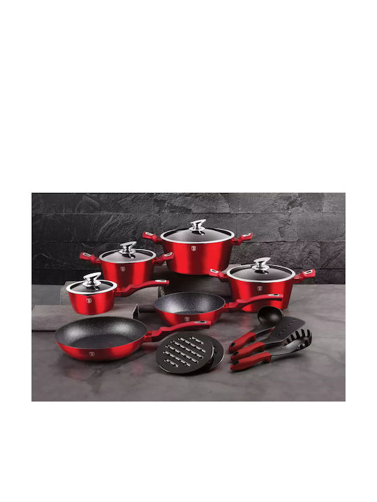 Berlinger Haus Metallic Line Cookware Set of Aluminum with Stone Coating Burgundy Collection 15pcs