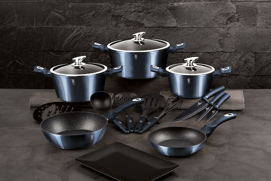 Berlinger Haus Metallic Line Комплект Съдове За Готвене От Алуминий Aquamarine Collection С Вътрешно Покритие От Камък 5 Съдове