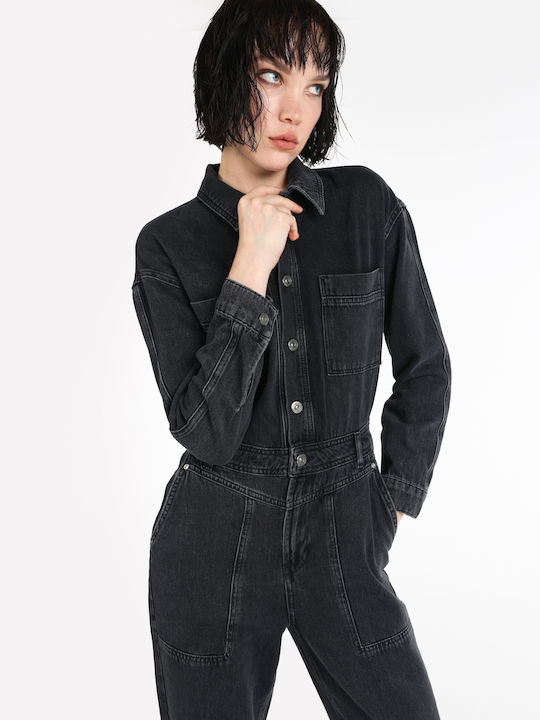 Damen Denim Einteiler Anzug Schwarz