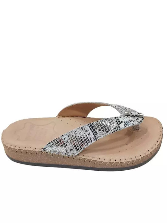 Ovvio Leather Women's Flat Sandals Anatomic in Silver Color