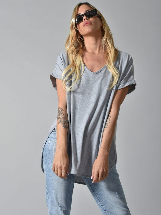 Belle Femme Damen Oversized T-Shirt mit V-Ausschnitt grey