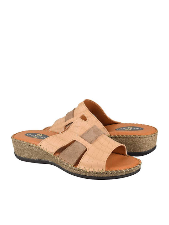 Leather Women's Flat Sandals in Beige Color