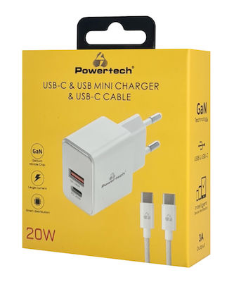 Powertech Зарядно GaN (Галуниев нитрид) с USB-A порт и USB-C порт и кабел USB-C - USB-C 20W Доставка на енергия / Бързо зареждане 3.0 Бял (PT-1248)