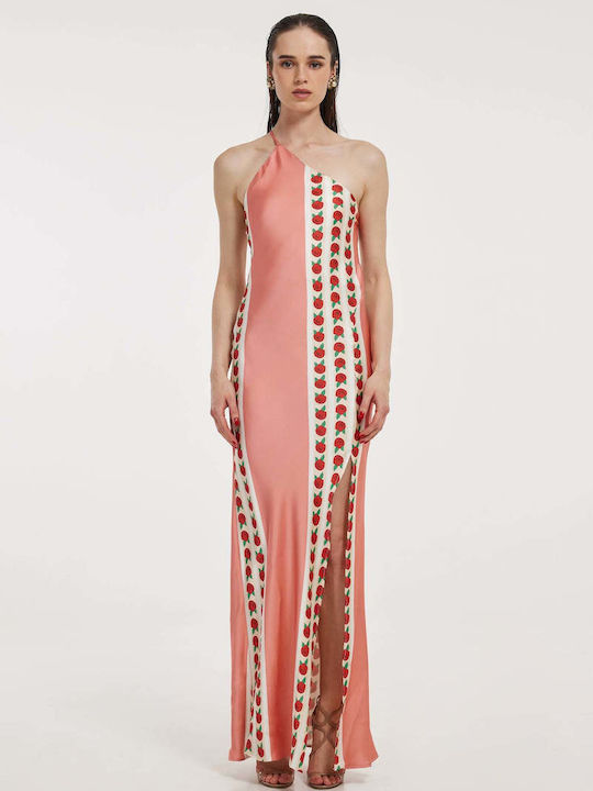 Hemithea Maxi Evening Dress Satin Open Back with Slit Coral