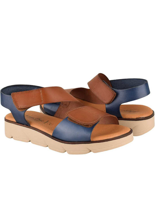 Yfantidis Leather Women's Flat Sandals in Blue Color