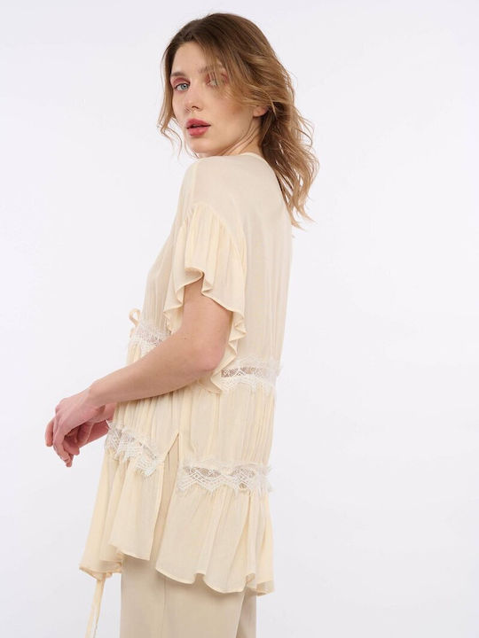 Blouse with tie front and short sleeve BEIGE