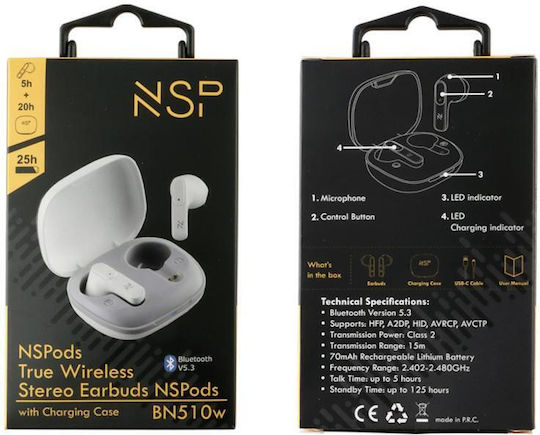 NSP Nspods BN510W Earbud Bluetooth Handsfree Ακουστικά με Αντοχή στον Ιδρώτα και Θήκη Φόρτισης Λευκά