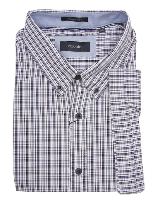 Double Men's Shirt Short Sleeve Cotton Checked Blue-red-white