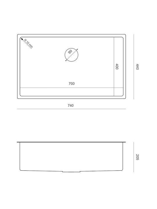Quadron Drop-In Sink Inox Brushed W74xD44cm Silver