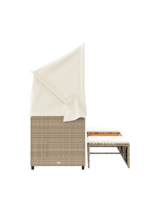 Dreifach Garten- und Pool-Liegestuhl Rattan mit Kissen & Sonnenschutz Beige mit Tisch