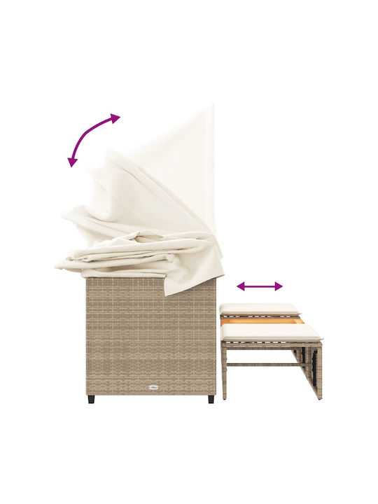 Dreifach Garten- und Pool-Liegestuhl Rattan mit Kissen & Sonnenschutz Beige mit Tisch