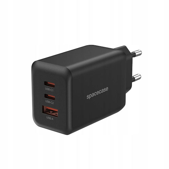 Spacecase Φορτιστής Χωρίς Καλώδιο GaN με Θύρα USB-A και 2 Θύρες USB-C 65W Power Delivery / Quick Charge 3.0 Μαύρος (SC008B)