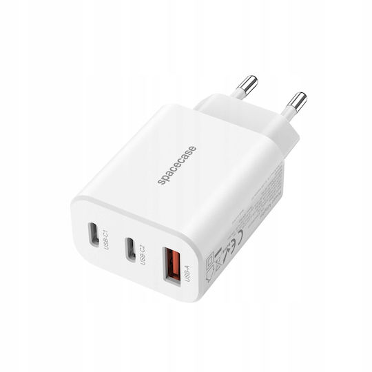 Spacecase Ladegerät ohne Kabel mit 2 USB-A Anschlüsse und USB-C Anschluss 30W Stromlieferung / Schnellaufladung 3.0 Weißs (SC004W)