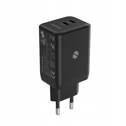 Spacecase Ladegerät ohne Kabel GaN mit 2 USB-A Anschlüsse 45W Stromlieferung / Schnellaufladung 3.0 Schwarzs (SC006B)