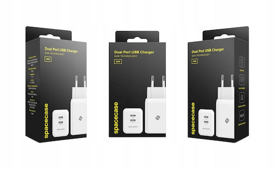 Spacecase Φορτιστής Χωρίς Καλώδιο GaN με 2 Θύρες USB-C 45W Power Delivery / Quick Charge 3.0 Λευκός (121972)